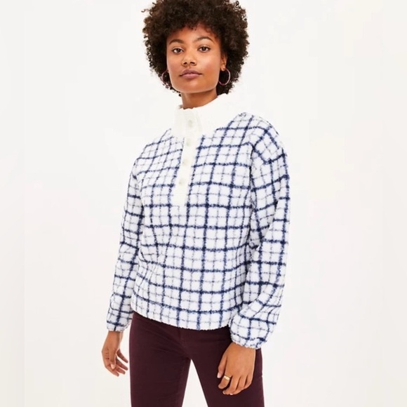 LOFT Windowpane Plaid Trim Sherpa Pullover Whisper White Size M - Picture 2 of 9